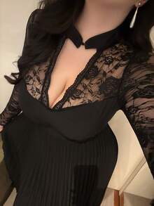 Vibekara V领旗袍领纽扣蕾丝薄纱花卉饰边长袖优雅拼接A字型长裙，大码女士正式礼服，适合鸡尾酒会、约会之夜 - 黑色 - 查看 3