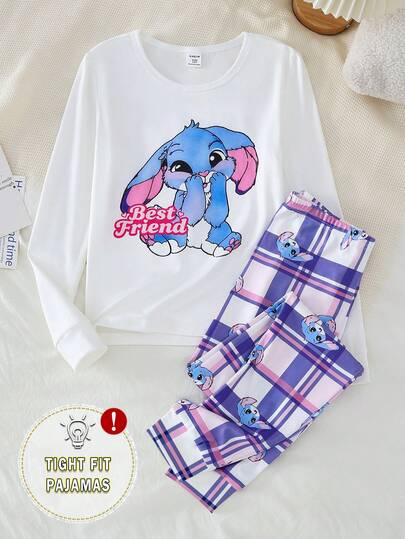 Toddler Girls Loungewear 2-Piece Set - Blue Cartoon Rabbit Print Long Sleeve Pajamas Set Cute Rabbit Applique Design Blue White Pink Fresh Color Breathable Comfortable Fabric Long Sleeve Crew Neck Top Plaid Pants Rabbit Print Combo Social Media Style Cute 2026 New Year Holiday Essential  Snug Fit Toddler Girls Loungewear Set Stitch Pajama Set Girls Pijama