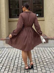 Dripcurv Plus Size Brown Polka Dot French Midi Dress For Autumn,Classique Date Night,New Year Look,Teacher Outfits,Business Work Uniforms - Multicolor - View 2