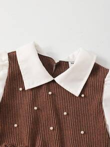 Everyday Casual Tween Girls Brown Knitted Top And Pant Set With Striped Pattern And Pearl Accents - Brown - View 4