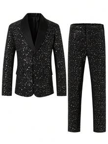 两件套黑色西装：长袖外套+长裤，闪亮简约休闲套装，适合青少年、钢琴/小提琴演奏、婚礼、毕业典礼、正式场合、绅士着装、生日派对、晚宴、演出、招待会、婚礼季、万圣节、圣诞节、秋冬季礼物、情人节男孩派对西装、黑色西装套装、男士舞会西装、闪亮舞会西装、亮片舞会西装、黑色舞会西装、情人节男士西装、闪亮西装、男孩西装、燕尾服 - 黑色 - 查看 1