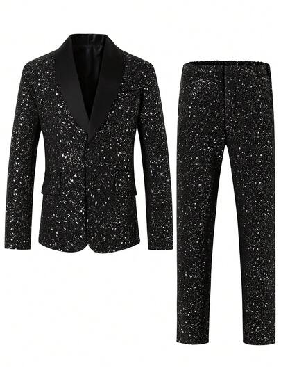2-delat svart kostymset: Långärmad jacka + byxor, glänsande minimalistisk casual outfit lämplig för tonåringar, piano-/violinframträdanden, bröllop, examen, formella tillfällen, herrkläder, födelsedagsfester, kvällsevenemang, föreställningar, mottagningar, bröllopssäsong, halloween, jul, höst-/vinterpresenter, alla hjärtans dag-festkostym för pojkar, svart kostymset