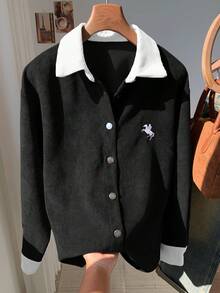 Comfortcana Autumn Casual Color Block Corduroy Embroidered Jacket Preppy Clothes For Women French Style Clothes Button Up Sweater Dark Academia Clothes Ribbed Knit Sweater Preppy Clothes In Women - Burgundy - View 5