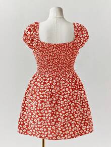 Sunspun Váy Bustier hoa thời trang tay bồng, eo bo gấu, dáng chữ A, thích hợp mặc đi nghỉ, đi biển và mặc hàng ngày - Đỏ - Xem 2