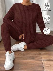 SHEIN Frenchy Drop Shoulder Ribbed Knit Tee & Leggings Textured Fabric Two Pieces Spring Casual - Redwood - View 5