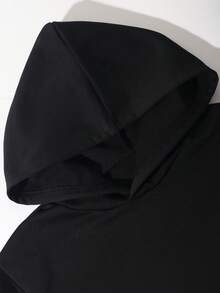 SHEIN Vacaura 2件套青少年连帽不对称拼接设计藏蓝色口袋卫衣和休闲运动裤，春秋季 - 黑色 - 查看 3