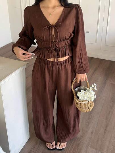 Sunnyshic Plus Size Women Solid Color Front Tie Lantern Sleeve Shirt And Wide Leg Pants Casual 2 Piece Set