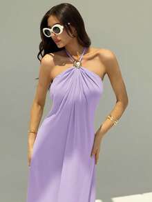 Aloruh 新款香槟色露背褶皱极简长裙，金属球装饰，宽松显瘦 - 淡紫色 - 查看 5