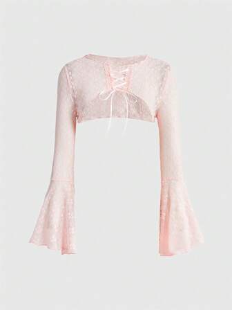 Fairycore Crop top da donna con maniche a sbuffo, fiori e pizzo, con laccio frontale