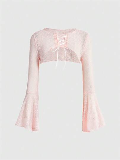 Fairycore Women's Floral Lace Flare Sleeve Tie Front Crop Top