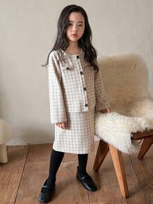 DAZY 2pcs Girls Plaid Jacket + Slim Fit Suspender Dress Set, Young Girl Fall Outfit - Apricot - View 8