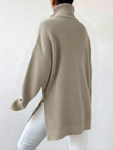 SHEIN Cottnline Half Zip Drop Shoulder Split Hem Sweater - Apricot - View 2