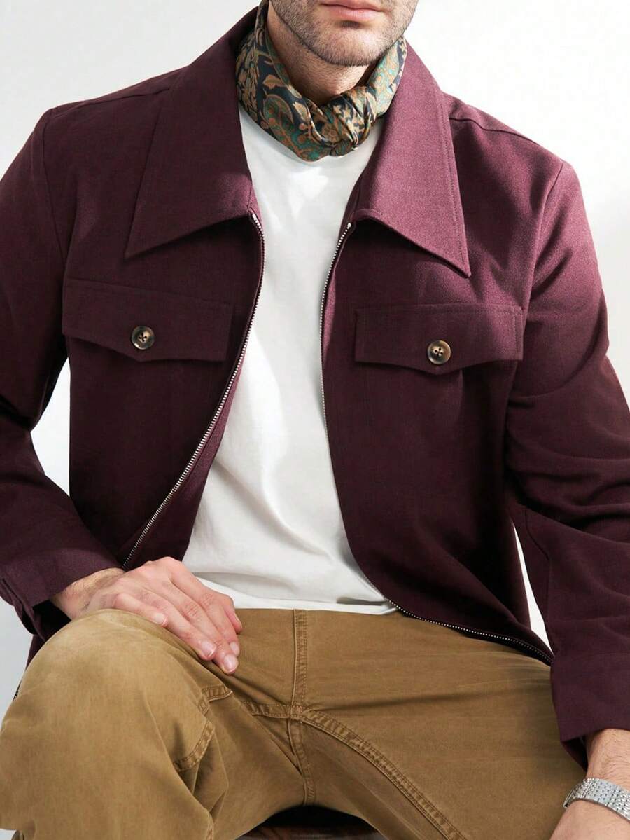 Manfinity Dauomo Men's Casual Solid Color Zip-Up Collar Jacket - Red Violet - View 1