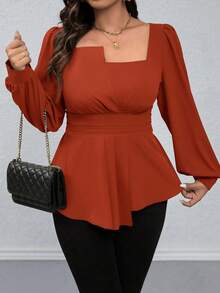 SHEIN Clasi Áo sơ mi tay dài cổ vuông màu trơn viền bèo nhún cỡ lớn, thường ngày cho dịp Giáng sinh, áo peplum - Màu Cam cháy - Xem 10