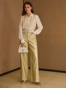 MOTF PREMIUM APRICOT CONTRAST SEQUIN EMBROIDERY FITTED LONG SLEEVE ELEGANT OFFICE LADY BLOUSE, SPRING/SUMMER - Apricot - View 5