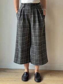 Vivie Lora Women's Plaid Wide Leg Casual Loose Cropped Pants - Grey - View 6