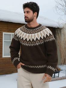 DAZY Men's Vintage Floral Jacquard Thick Crew Neck Sweater, Autumn/Winter - Multicolor - View 4