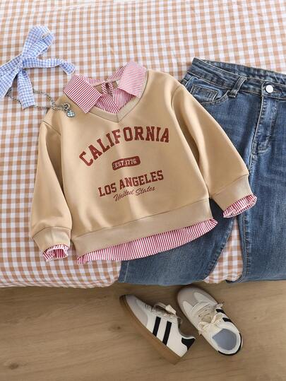 1pc Young Girl Sweatshirt With Collar Patchwork 2 In 1 Long Sleeve Sweatshirt With Striped Shirt Hem, Casual Urban School Style Sweatshirt For Autumn