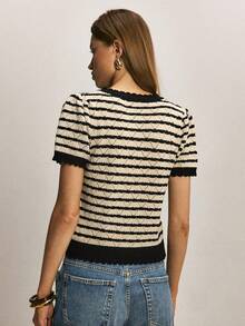 ATUI Studio Women's Striped Ruffle Button Half Placket Casual Commuter Knit Short Sleeve Top - Apricot - View 3