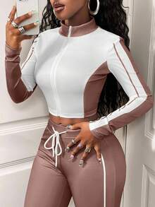 SHEIN BamGlam 女士休闲两件套，撞色设计，长袖拉链外套和抽绳长裤，秋季款 - 卡其色 - 查看 5