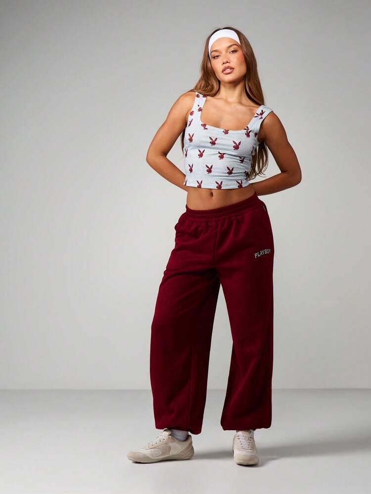 Missguided x Playboy Oversized Cuffed Jogger Sweatpants With Side Pockets And Drawstring Waistband For Casual Loungewear And Everyday Comfort