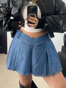 POPSWAY Falda plisada súper corta de efecto de mezclilla, elegante, vintage, casual y deportiva estilo Y2K para mujer de talla grande - Azul - Ver 4
