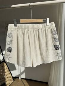 Comfortcana Quần short rộng rãi in họa tiết lưng thun cỡ lớn, mùa xuân/hè - Màu be - Xem 2