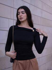 Andrea Bello Women's Fashionable Commuter Solid Color Asymmetric Collar Metal Decor T-Shirt Fall Cloth For Women - Black - View 5
