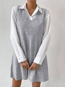 SHEIN Raffinéa 纯色无袖针织休闲连衣裙，秋冬款 - 灰色 - 查看 3