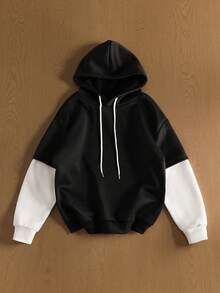 TOKVUE Sudadera con capucha holgada de bloques de color 2 en 1 con cordón, sudadera con capucha negra y blanca, sudaderas con capucha para hombres Y2K, sudaderas casuales para hombres, para otoño - Negro - Ver 3