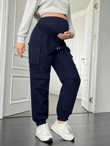 SHEIN Pantalon cargo pour femmes enceintes, couleur unie, taille avec cordon de serrage, liens aux chevilles