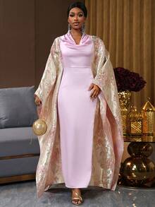 SHEIN Ladiora Đầm midi tay loe khoét eo họa tiết vải satin cổ xếp nếp cho nữ, sang trọng, thanh lịch, dự tiệc, thu/đông - Hồng - Xem 6