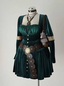 Sunspun 时尚方领弹力天鹅绒腰连衣裙 - 綠色 - 查看 1