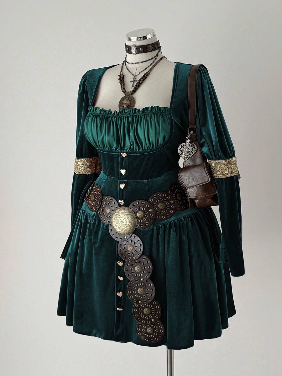 Sunspun 时尚方领弹力天鹅绒腰连衣裙 - 綠色 - 查看 1