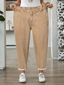 SHEIN CURVE+ Plus Size Women Ruffled Waist Pocket Tapered Casual Jeans