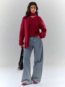 Glamine Damski sweter w jednolitym kolorze z dekoltem w serek i długim rękawem, na co dzień, jesień/zima - Burgund - Zobacz 4