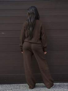 SAYEHFBABY 女士纯色圆领蝙蝠袖针织毛衣和阔腿针织裤，休闲两件套，秋冬 - 咖啡棕 - 查看 2