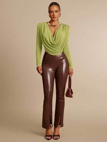 Silquee Olive Green Plunging Neckline Elegant Shoulder Pad Ruched Long Sleeve Bodysuit, Suitable For Dates, Outings, Weddings And Parties - Olive Green - View 3