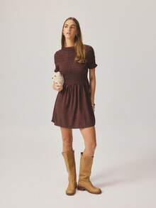 Aralina Women's Casual Solid Color Short Sleeve Ruched Front Dress - Brown - View 5