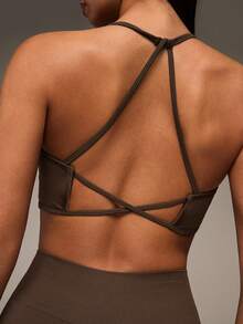 SHEIN BAE Women's Plain Backless Halter-Neck Top And Sports Leggings Set Workout Women Sets - Coffee Brown - View 6