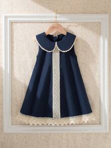 Souflis Souflis Toddler Girls' Sleeveless Ruffle Collar A-Line Hem Cute Navy Blue Dress, Summer