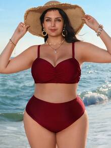 Swim Lushoire Bộ bikini hai mảnh màu đỏ rượu vang trơn dành cho nữ cỡ lớn, thời trang đi nghỉ mát, mặc hàng ngày, kiểu dáng thường ngày, có gọng nâng ngực và dây đeo điều chỉnh được, cạp cao, kiểu tam giác. - Màu Đỏ Sâu - Xem 5