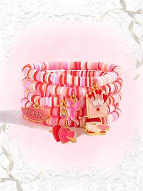 Kawaii 5pcs New Cute Cartoon Pendant Bracelets, Suitable For Daily And Holiday Wear, Pink Elastic Bracelet, Can Be Gifted To Family, Friends, Classmates, Partners, Holiday Gifts