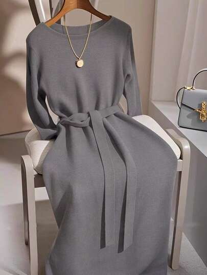 GlowEve 长袖圆领系带灰色毛衣裙，奢华简约时尚，百搭优雅，适合多种场合