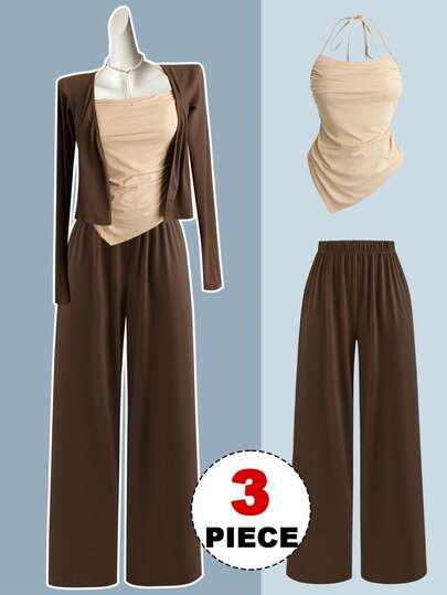 Sweetra Plus Size Autumn/Winter 3-Piece Set: Tie-Bow Asymmetrical Hem Sexy Camisole Long Sleeve Top, Elastic Waist Loose Pants, Elegant Casual Outdoor & Homewear