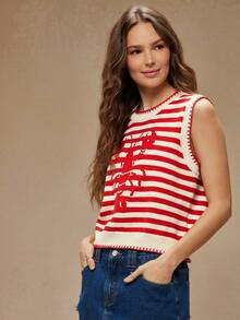 WESTFADE Round Neck Multi Stitch Summer Lobster Intarsia Sweater Tank Top Spring Break Vacation - Apricot - View 2