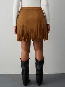 SHEIN Tall CURVE Falda A-Line de ante negro con remaches y flecos estilo hippie vintage para mujer de talla grande, falda de otoño e invierno, atuendos de Nashville, falda de pirata - Marrón - Ver 2