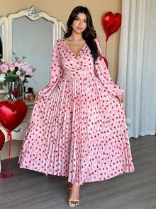 Vionelle Valentine Heart Print Flowy Romantic V-Neck Long Sleeve Pleated Maxi Dress, Elegant Occasion Dress For Spring, Fall, Winter, Vacation, Birthday, Date - Multicolor - View 1