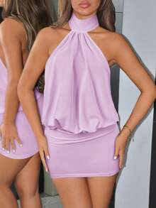 SHEIN ICON Váy ôm sát cổ cao hở lưng xếp nếp - Màu tím hoa cà - Xem 5