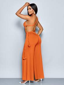 SOLERSUN 女士夏季性感纯色不对称领口褶皱修身镂空连体裤 - 橘色 - 查看 3